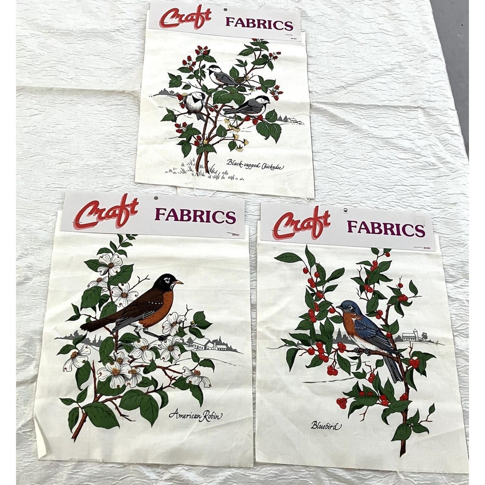 Vintage Craft Fabrics Bird Panels Robin Bluebird Chickadee Set of 3 Sewing